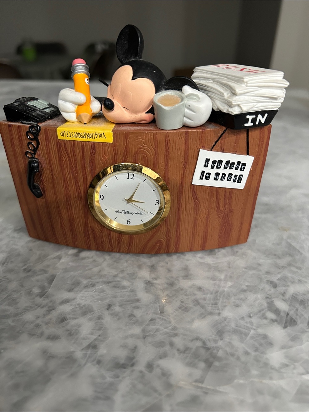 Disney Mickey Mouse Wood-Tone Desk Clock with Gold Trim and Black Accents